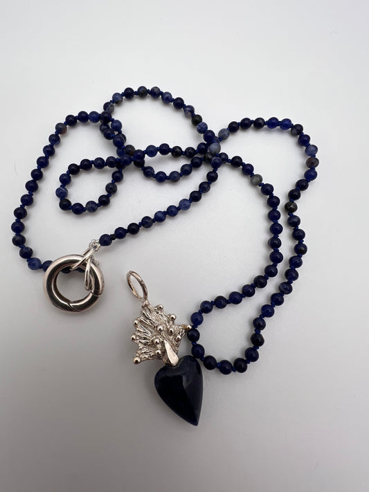 Sodalite Knotted Necklace With Silver Pendant