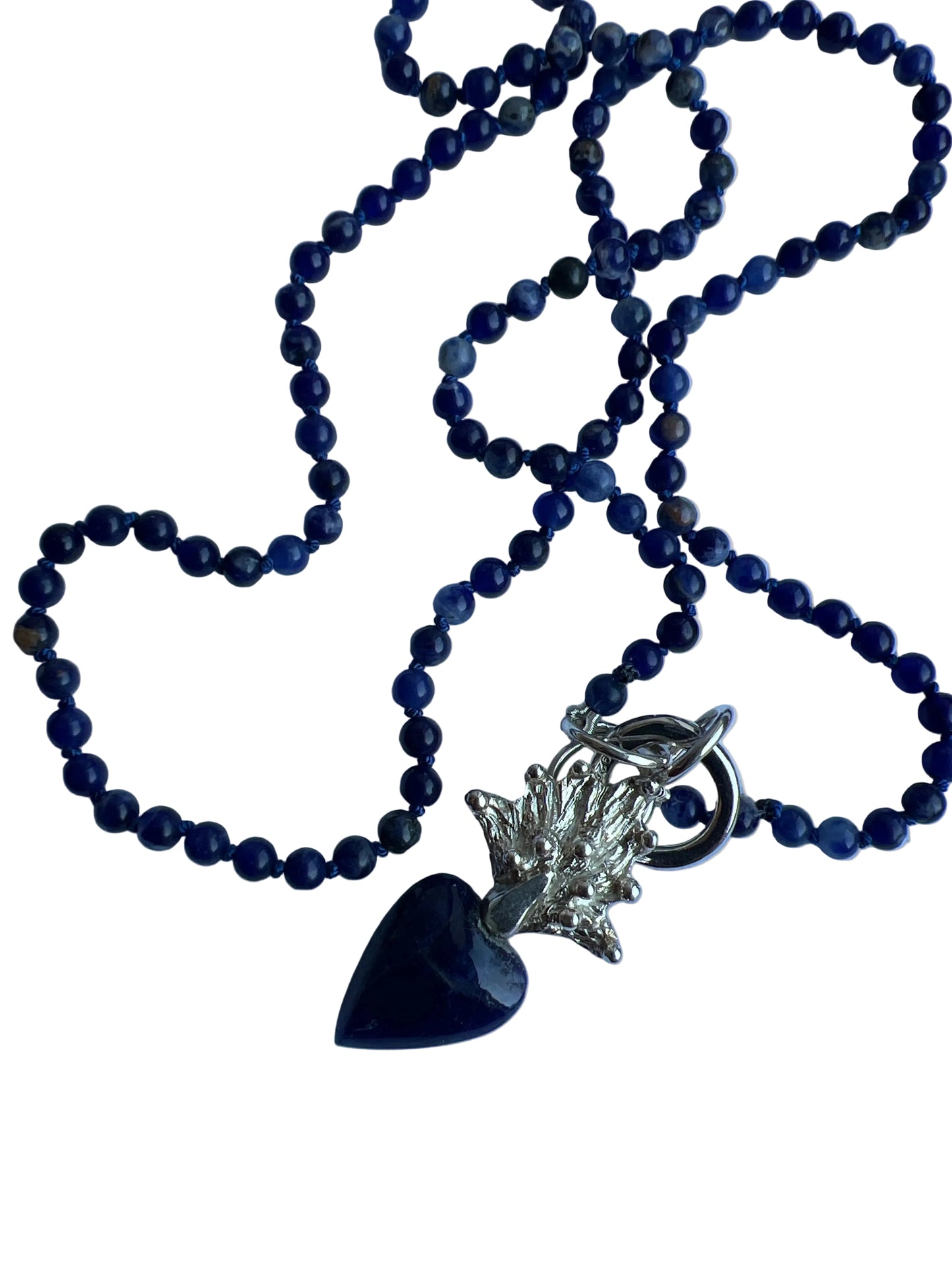 Sodalite Knotted Necklace With Silver Pendant