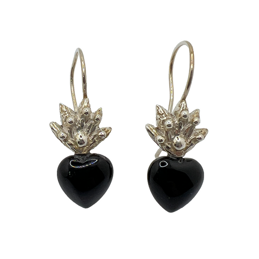 Black Onyx Heart Silver Earrings